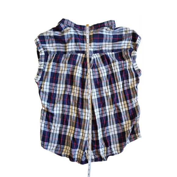 Jachs Navy Plaid Print Loose Fit Short Sleeve Blouse Top Womens - Picture 10 of 11